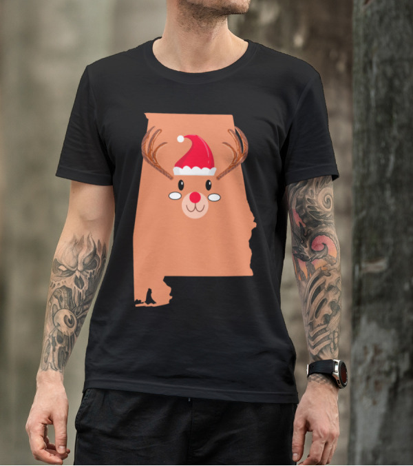 Alabama Map Santa Hat Antlers Red Nose Reindeer Christmas T-Shirt