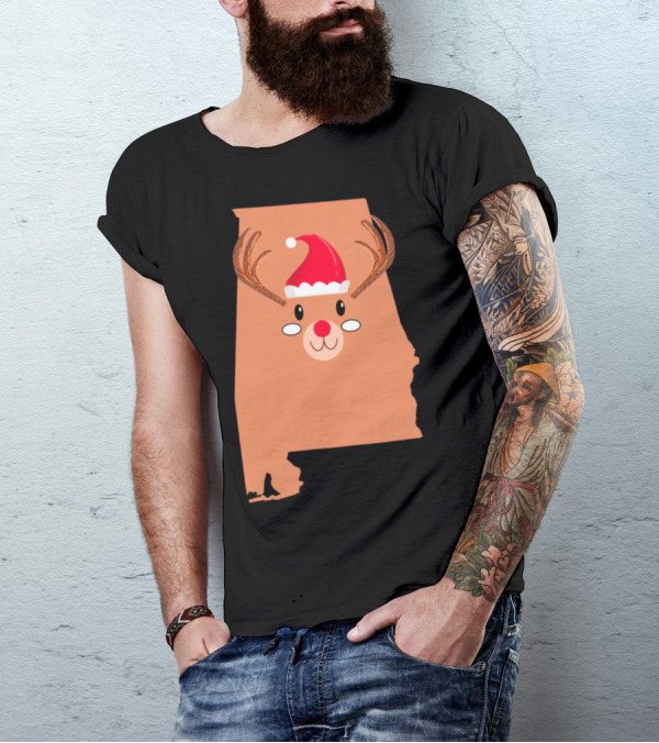 Alabama Map Santa Hat Antlers Red Nose Reindeer Christmas T-Shirt