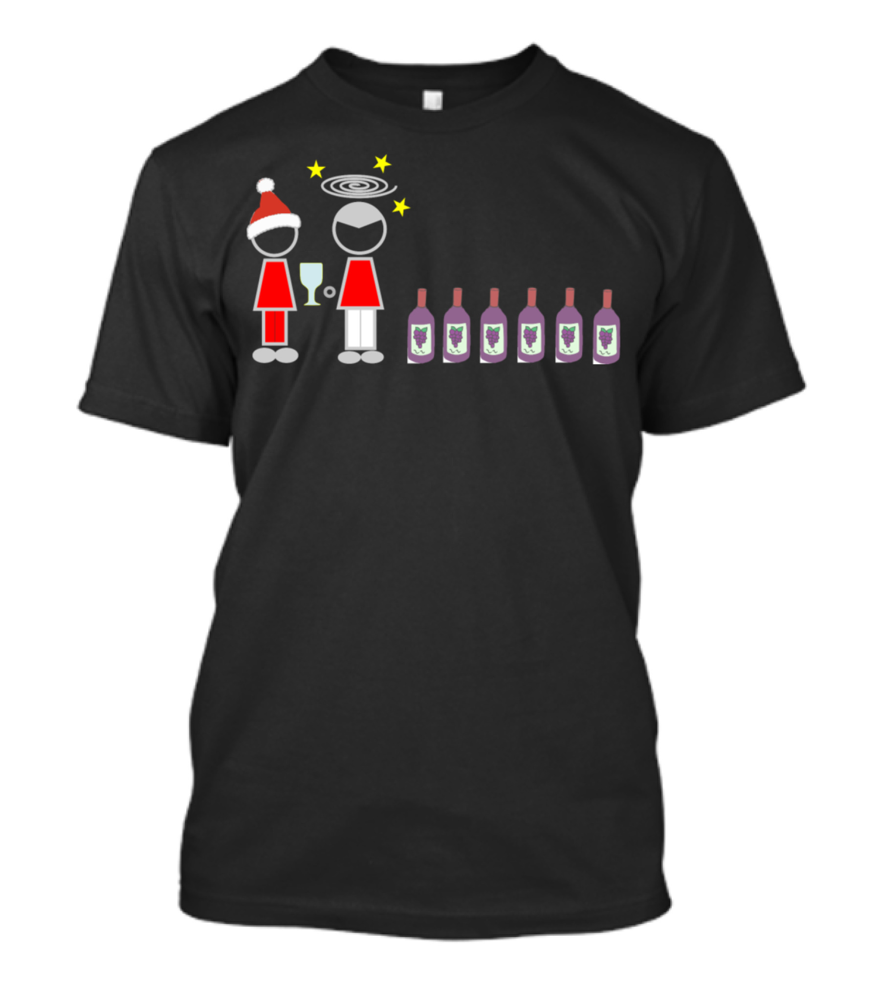 Santa Hat Stick Figures Wine Bottles Party T-Shirt