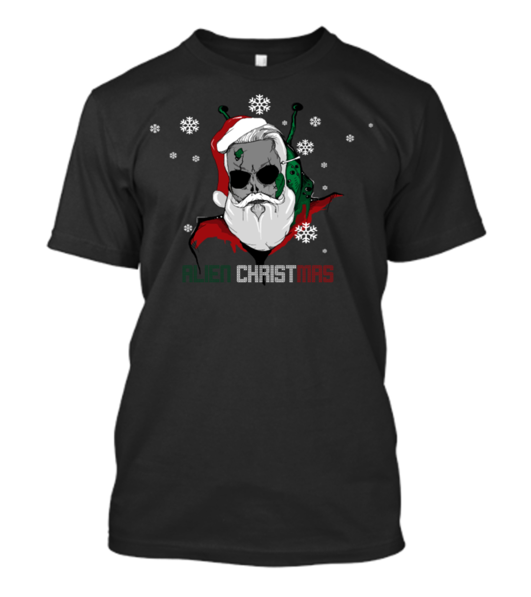Alien Christmas Santa Skull With Snowflakes T-Shirt