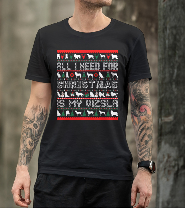 Christmas Vizsla Ugly Sweater Style Holiday T-Shirt
