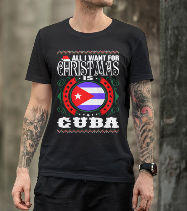 All I Want For Christmas Is Cuba Flag Santa Hat Circle Ornaments T-Shirt