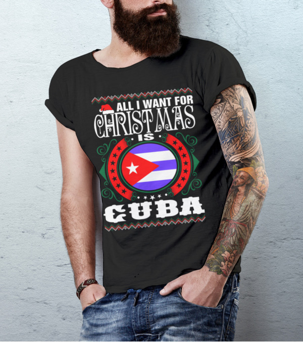 All I Want For Christmas Is Cuba Flag Santa Hat Circle Ornaments T-Shirt