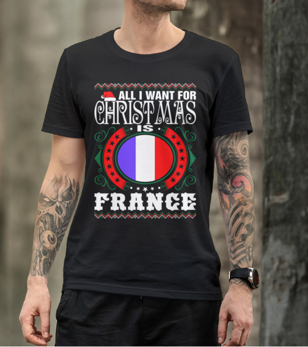 Christmas Wish For France With Santa Hat And French Flag In Red Green Decor T-Shirt
