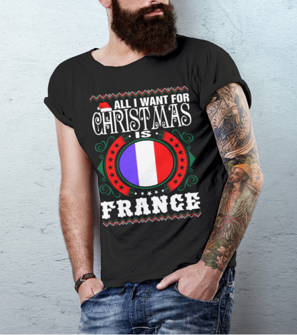 Christmas Wish For France With Santa Hat And French Flag In Red Green Decor T-Shirt