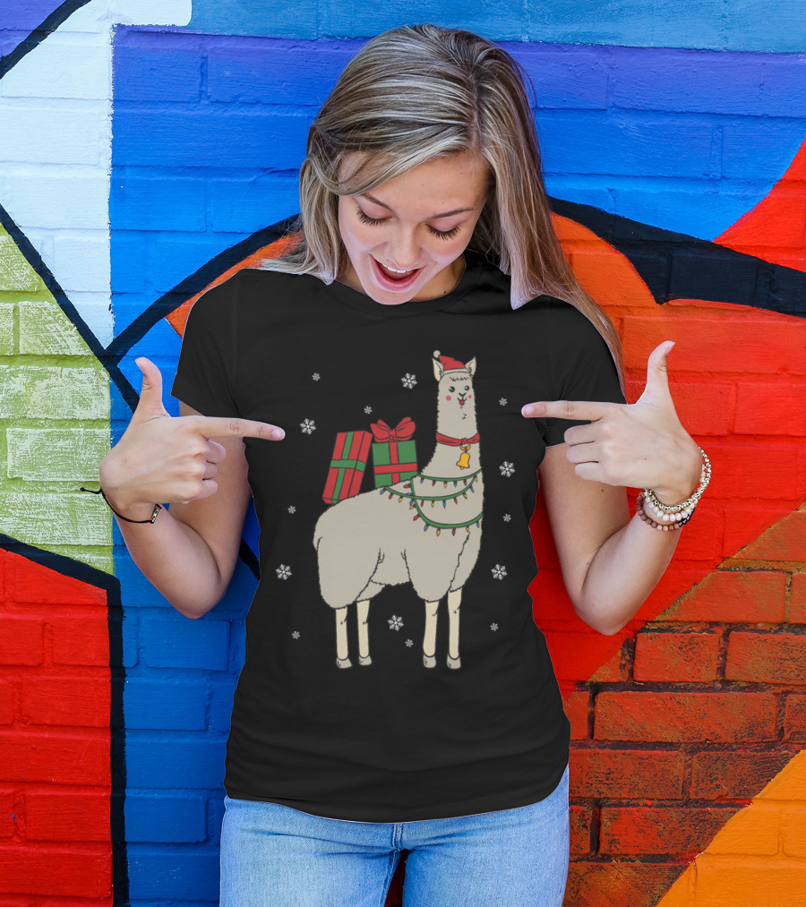 Festive Alpaca With Christmas Presents And Snowflakes T-Shirt