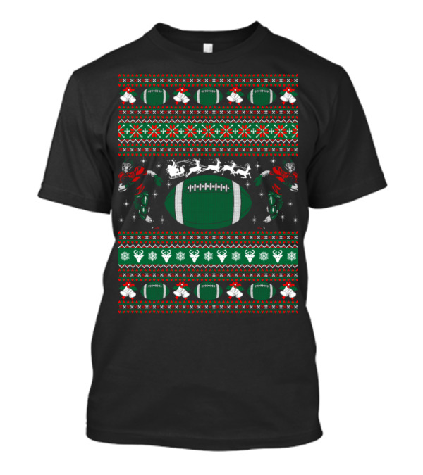American Football Christmas Sweater Style Holiday Theme With Players And Reindeer T-Shirt