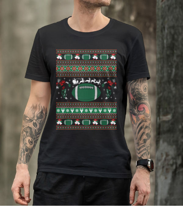 American Football Christmas Sweater Style Holiday Theme With Players And Reindeer T-Shirt