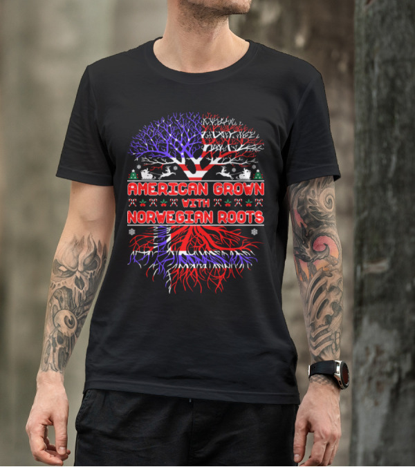 American Grown With Norwegian Roots Christmas Tree Flag T-Shirt