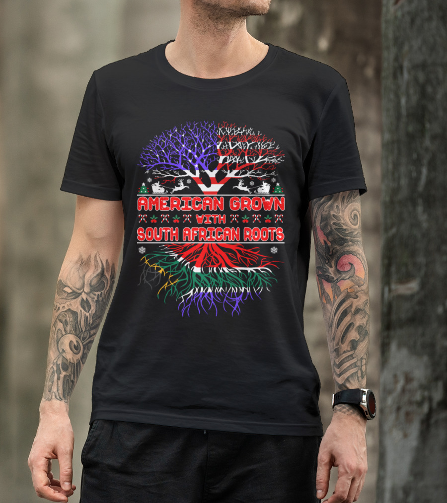 American Grown With South African Roots Tree Christmas Colors T-Shirt