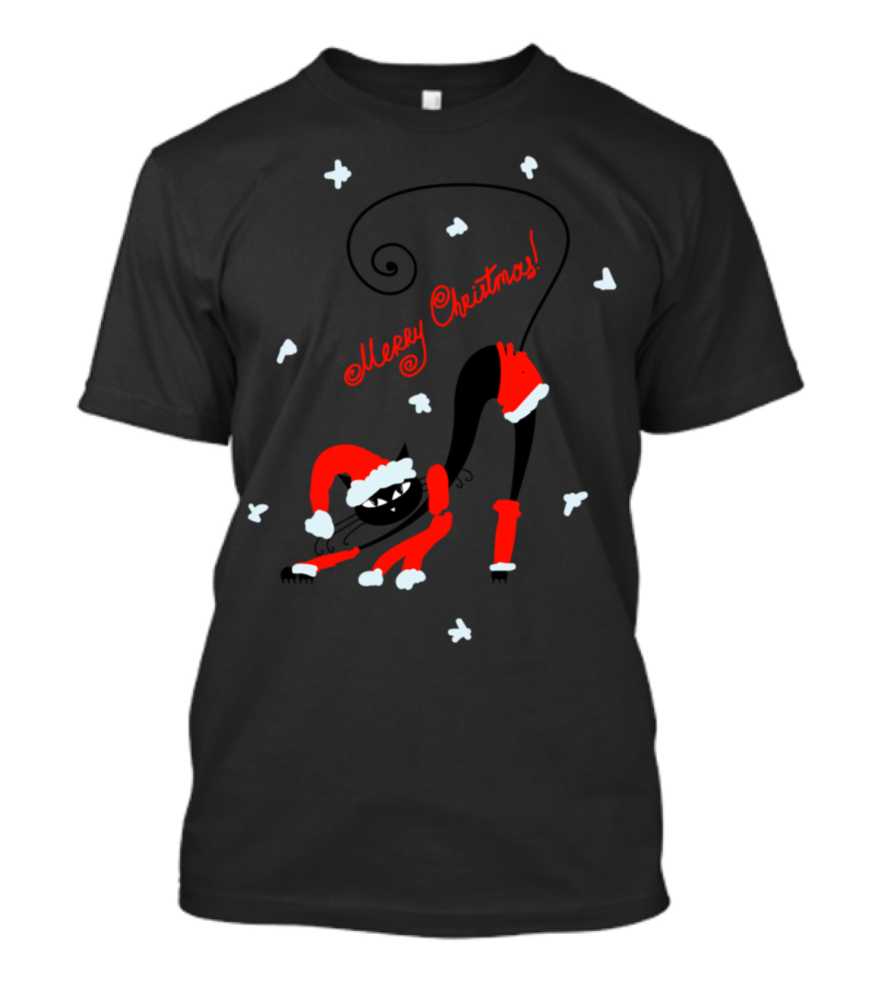 Merry Christmas Cat In Santa Outfit With Snowflakes T-Shirt