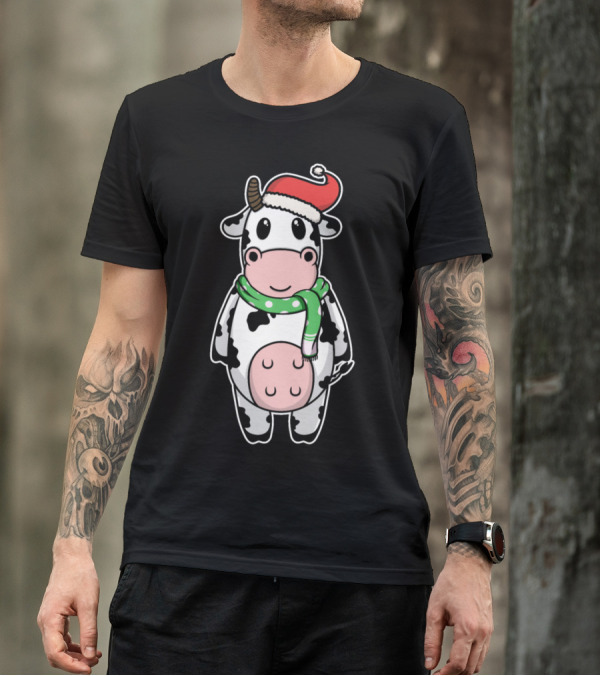 Cow In Santa Hat With Green Scarf Christmas Winter T-Shirt
