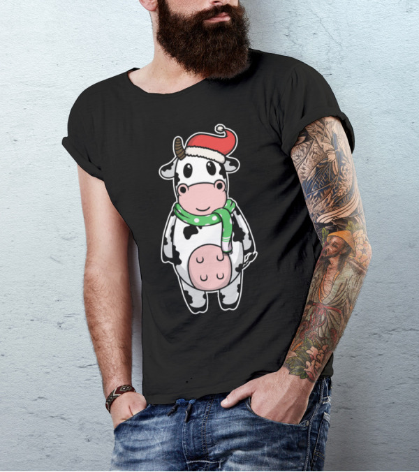 Cow In Santa Hat With Green Scarf Christmas Winter T-Shirt