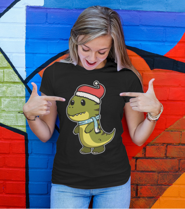 Cute Dinosaur Christmas With Santa Hat And Winter Scarf T-Shirt