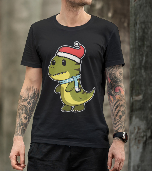 Cute Dinosaur Christmas With Santa Hat And Winter Scarf T-Shirt