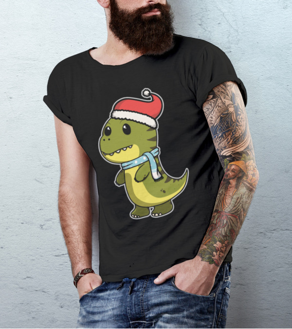 Cute Dinosaur Christmas With Santa Hat And Winter Scarf T-Shirt