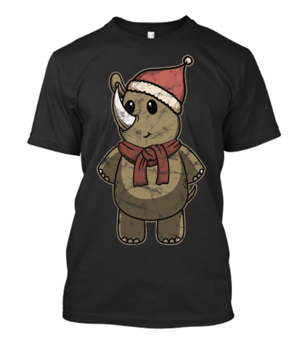 Animal Kid Rhino Santa Hat Scarf Cute Festive T-Shirt