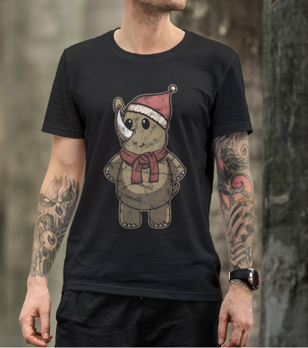 Animal Kid Rhino Santa Hat Scarf Cute Festive T-Shirt