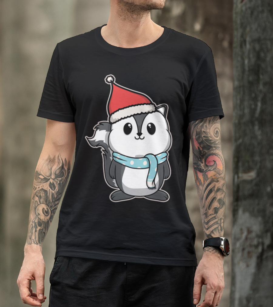 Animal Kid Skunk Christmas Winter Santa Hat Scarf T-Shirt