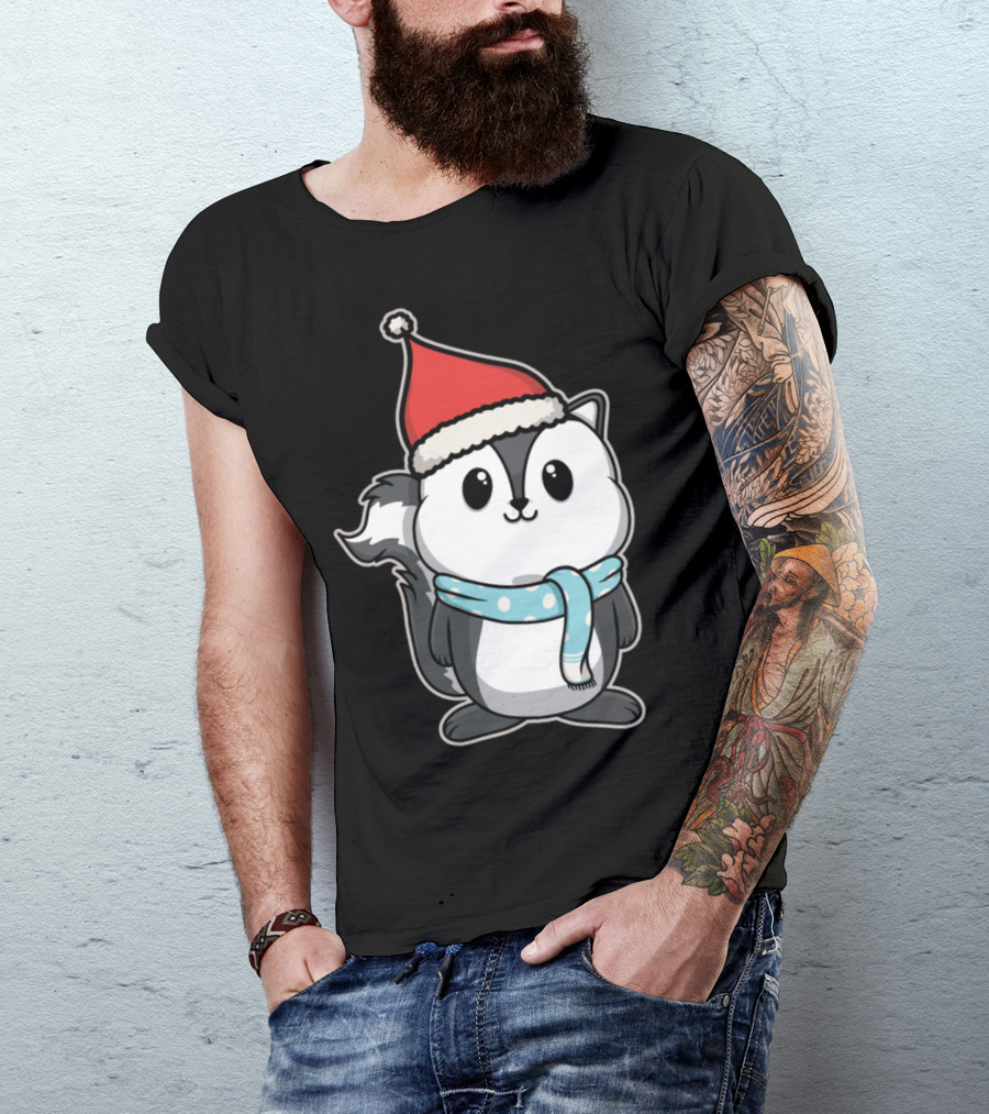 Animal Kid Skunk Christmas Winter Santa Hat Scarf T-Shirt