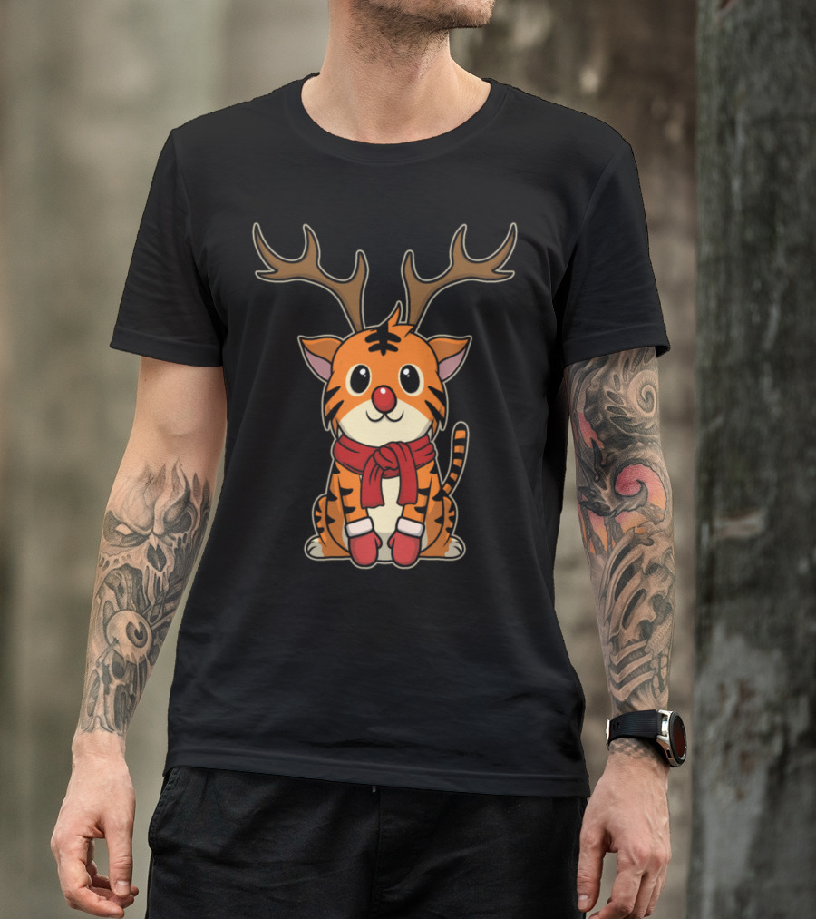 Animal Kid Tiger Deer Christmas Winter Reindeer Antlers Scarf Rudolph Nose T-Shirt