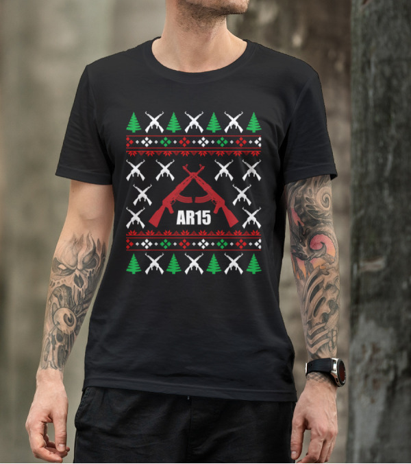 Ar 15 Holiday Pattern With Red Rifles And Green Trees T-Shirt