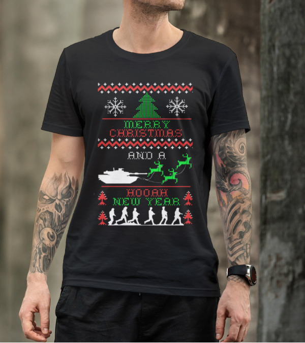 Merry Christmas Hooah New Year Army Tank Reindeer T-Shirt