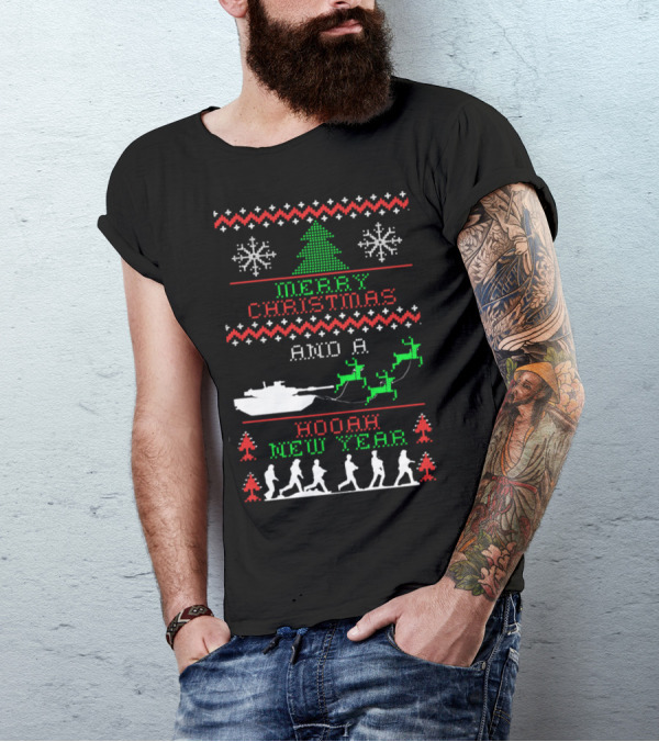 Merry Christmas Hooah New Year Army Tank Reindeer T-Shirt