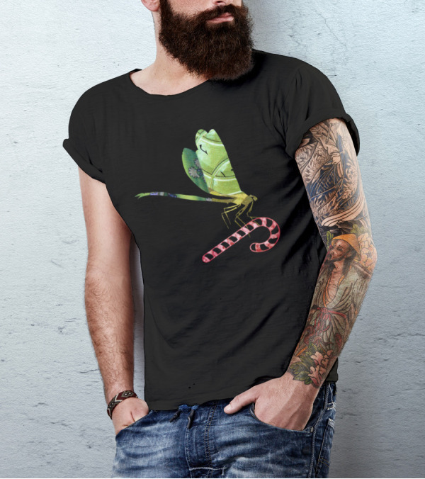 Artts Collage Christmas Dragonfly Candy Cane Greenz T-Shirt