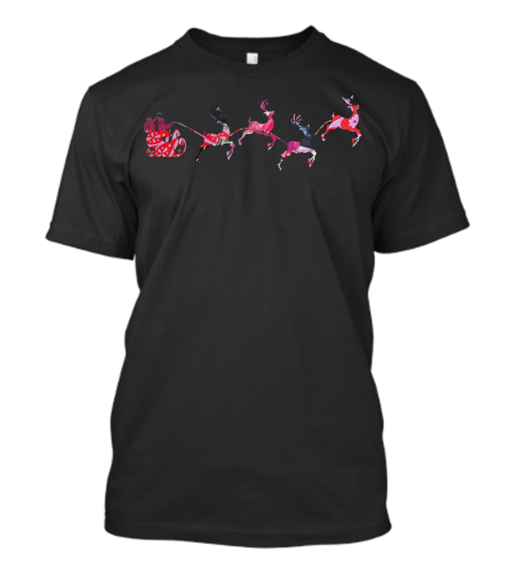 Artts Santa Sleigh With Reindeer Collage Holiday Scene T-Shirt