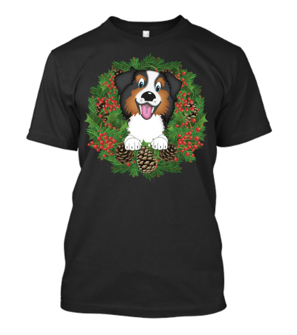 Aussie Dog Christmas Holidays Wreath With Pinecones And Holly Berries T-Shirt