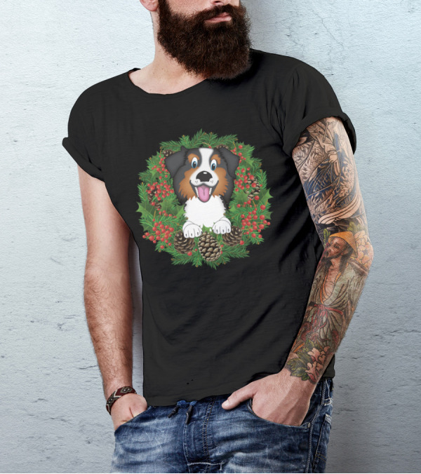 Aussie Dog Christmas Holidays Wreath With Pinecones And Holly Berries T-Shirt