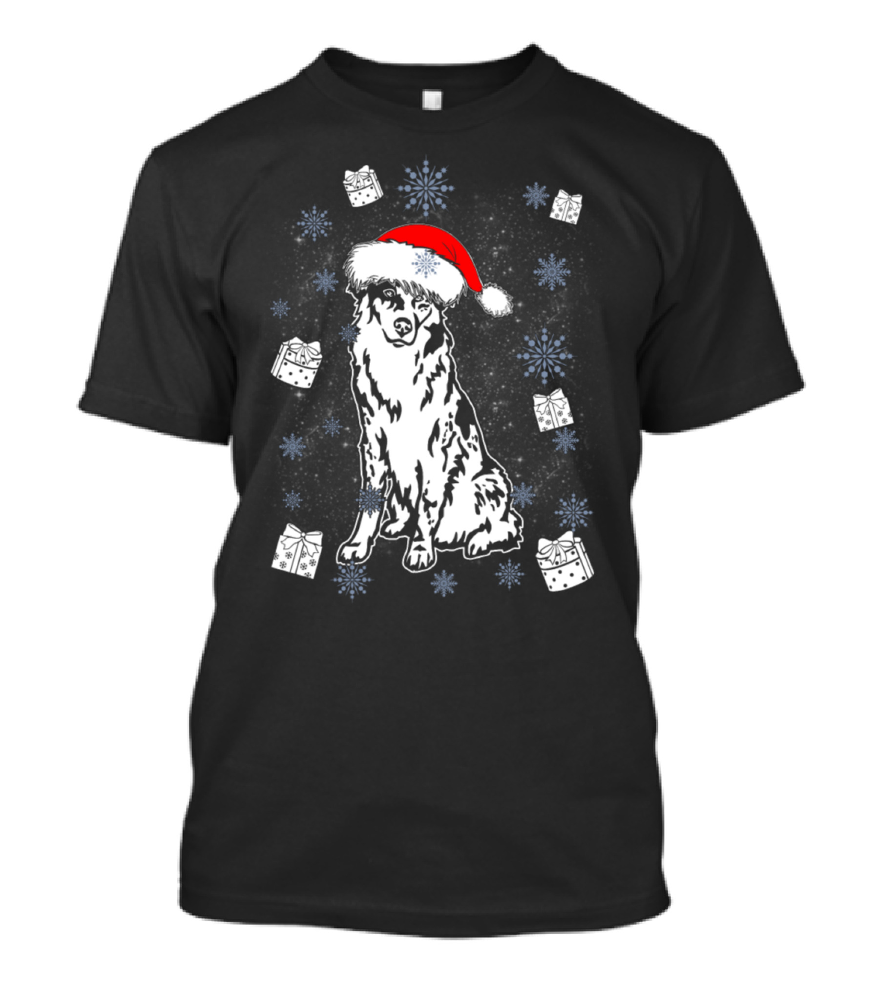 Australian Shepherd Santa Hat Christmas Presents Snowflakes T-Shirt