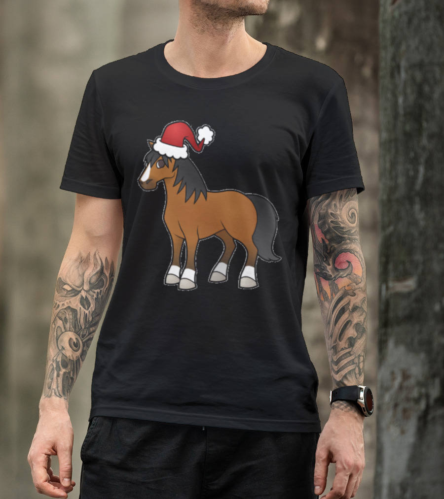 Awesome Christmas Horse With Santa Hat T-Shirt