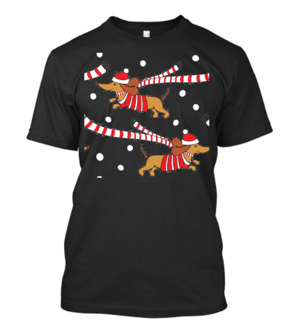 Awesome Dachshund Winter Snow Run With Striped Scarf And Hat T-Shirt