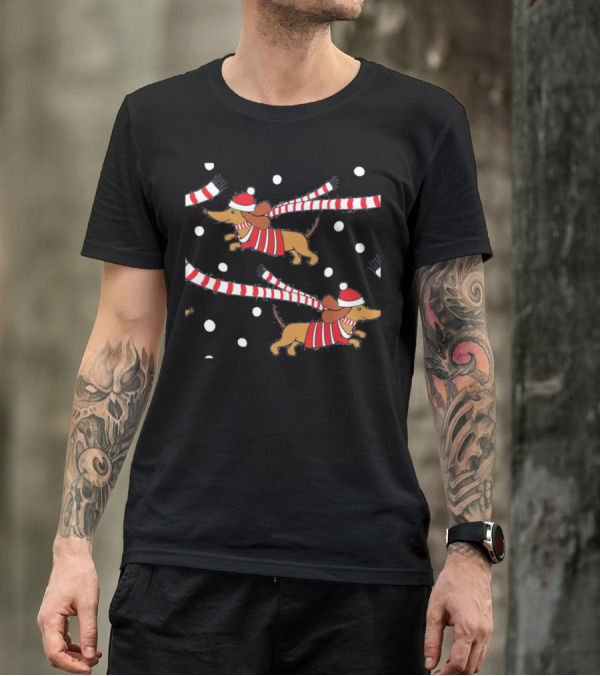 Awesome Dachshund Winter Snow Run With Striped Scarf And Hat T-Shirt