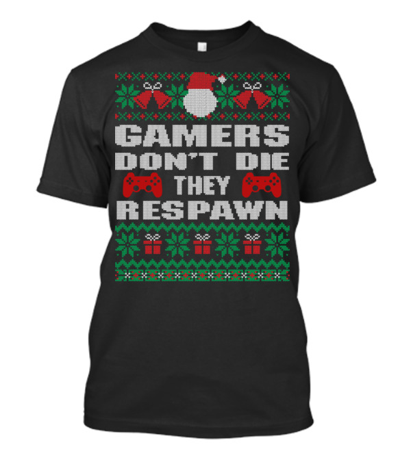 Gamers Don't Die They Respawn Christmas Controller Santa Hat Snowflakes T-Shirt