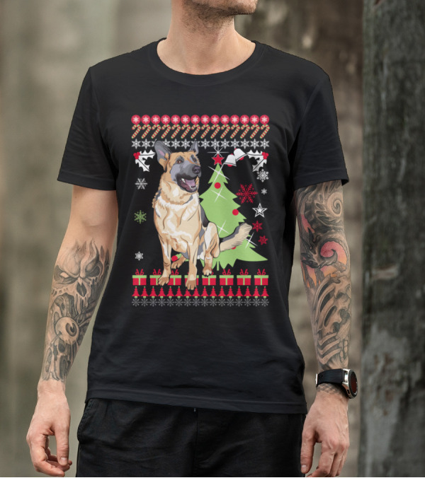 German Shepherd Christmas Snowflakes Tree Candy Canes Ornaments T-Shirt