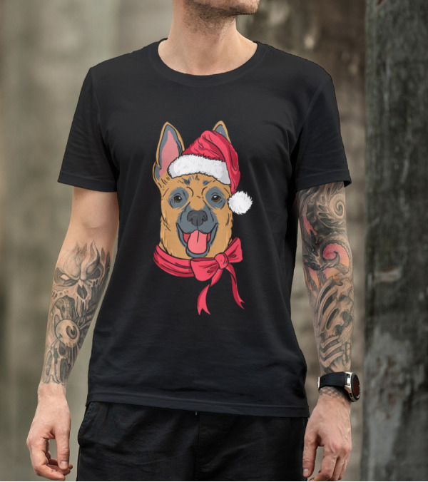 German Shepherd Dog Santa Hat Red Bow Christmas T-Shirt