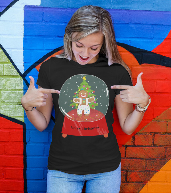 Merry Christmas Gingerbread Snow Globe With Festive Tree T-Shirt