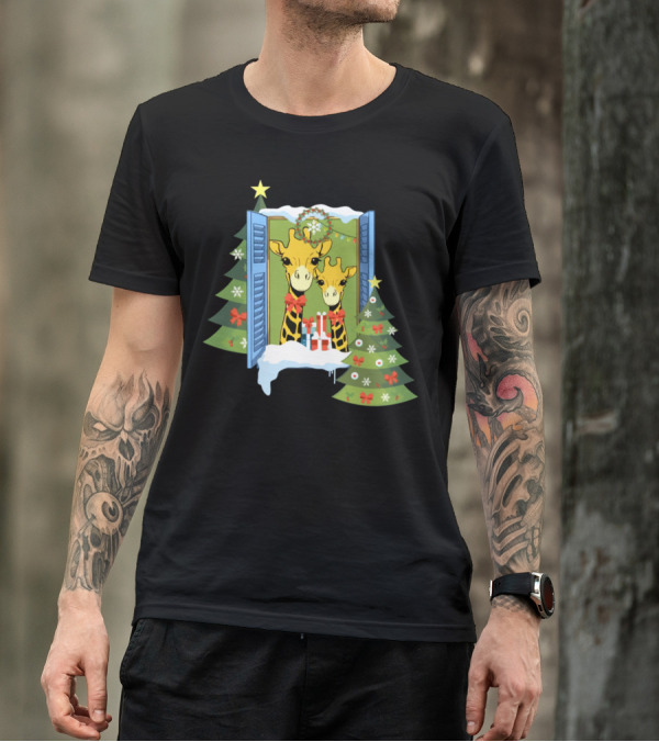 Giraffes Christmas Window With Star And Holiday Trees T-Shirt