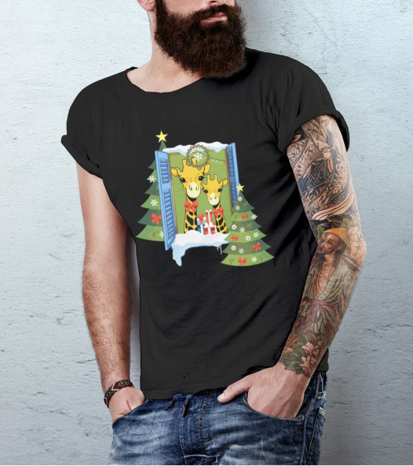 Giraffes Christmas Window With Star And Holiday Trees T-Shirt