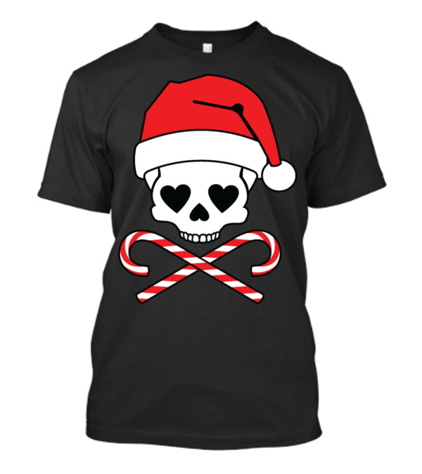 Skull With Heart Eyes Santa Hat And Crossed Candy Canes T-Shirt