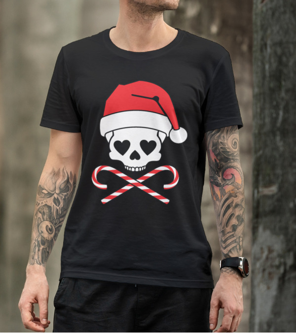 Skull With Heart Eyes Santa Hat And Crossed Candy Canes T-Shirt
