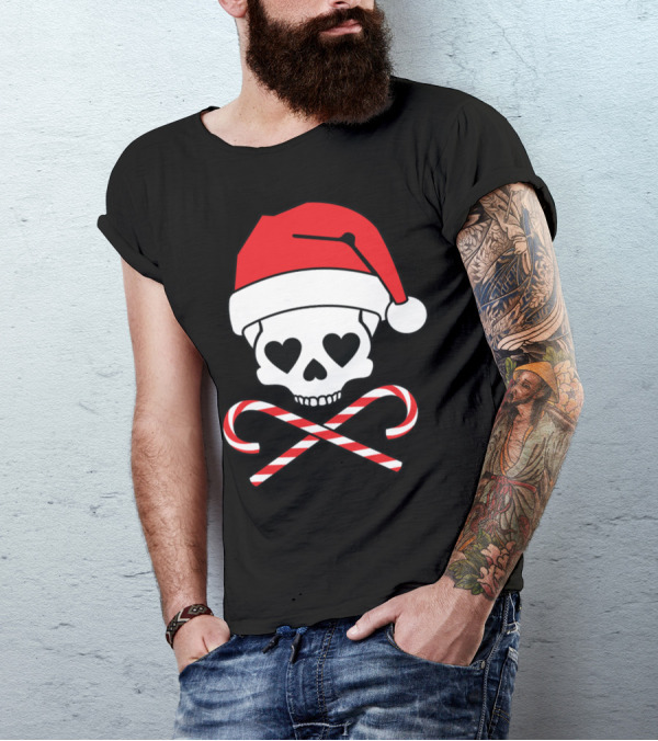 Skull With Heart Eyes Santa Hat And Crossed Candy Canes T-Shirt