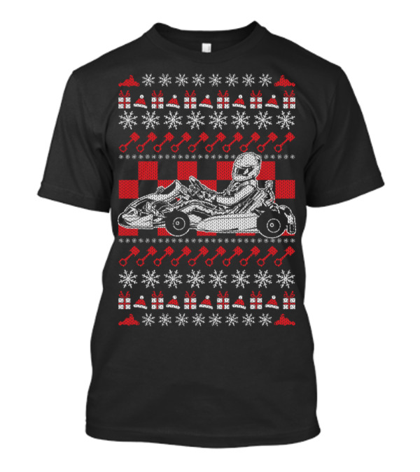 Christmas Ugly Sweater Go Kart Racing Snowflakes And Wrenches T-Shirt