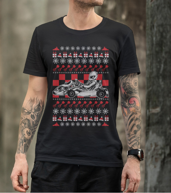 Christmas Ugly Sweater Go Kart Racing Snowflakes And Wrenches T-Shirt
