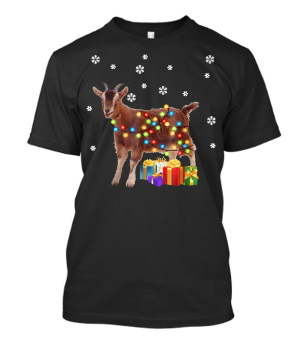 Goat Wrapped In Christmas Lights With Snowflakes And Gifts T-Shirt