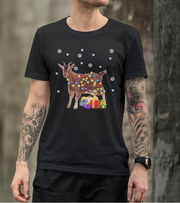 Goat Wrapped In Christmas Lights With Snowflakes And Gifts T-Shirt