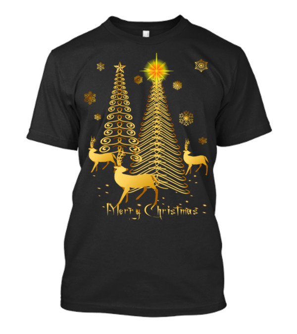 Merry Christmas Gold Trees And Reindeer Snowflakes T-Shirt